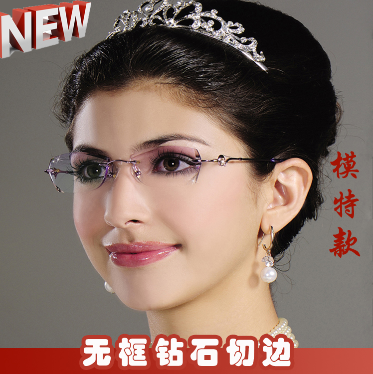 包邮！韩国女款无框近视眼镜架含钻石切边镶钻渐变色镜片N7