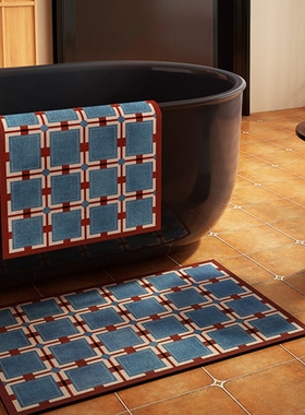 蓝色中古卫生间地垫美式硅藻泥浴室吸水防滑垫门口厕所洗手池脚垫