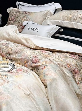 高级感长绒棉全棉四件套复古风花卉数码印花纯棉新款被套床上用品