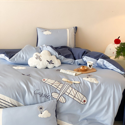 男孩卡通小飞机全棉四件套纯棉100支长绒棉磨毛贴布绣床上用品