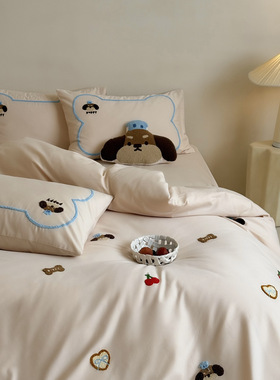 可爱风秋冬全棉磨毛小熊毛巾绣保暖床上用品四件套纯棉长绒棉床品
