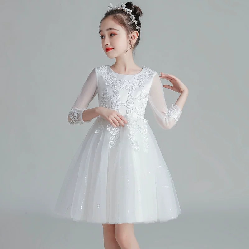 儿童礼服裙新款白色蕾丝公主裙婚礼小女孩花童服舞蹈演出服