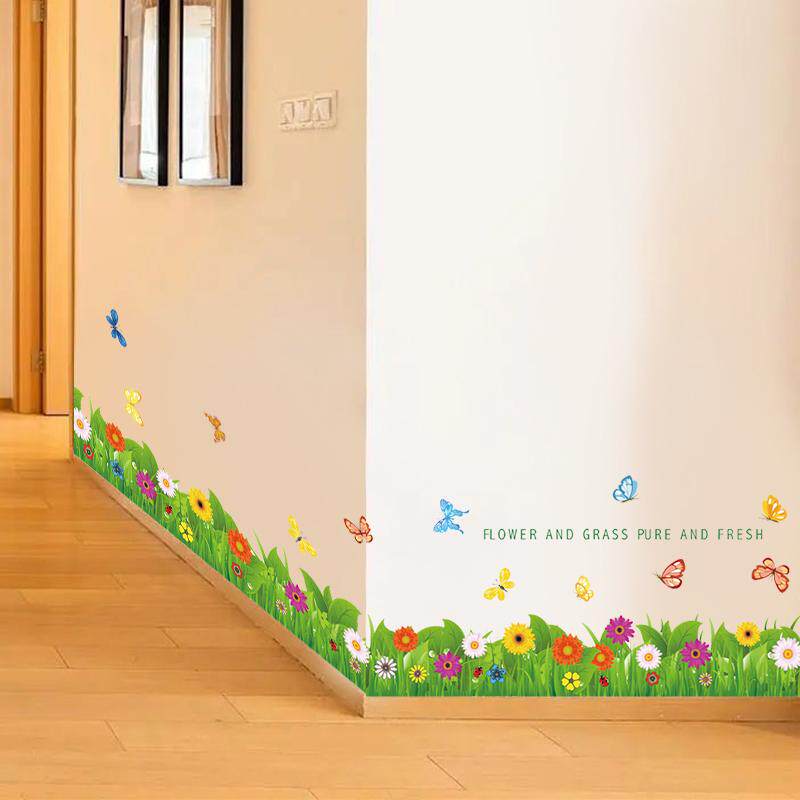 清新绿草墙贴纸踢脚线自粘客厅走廊装饰墙角贴画春天主题场景布置