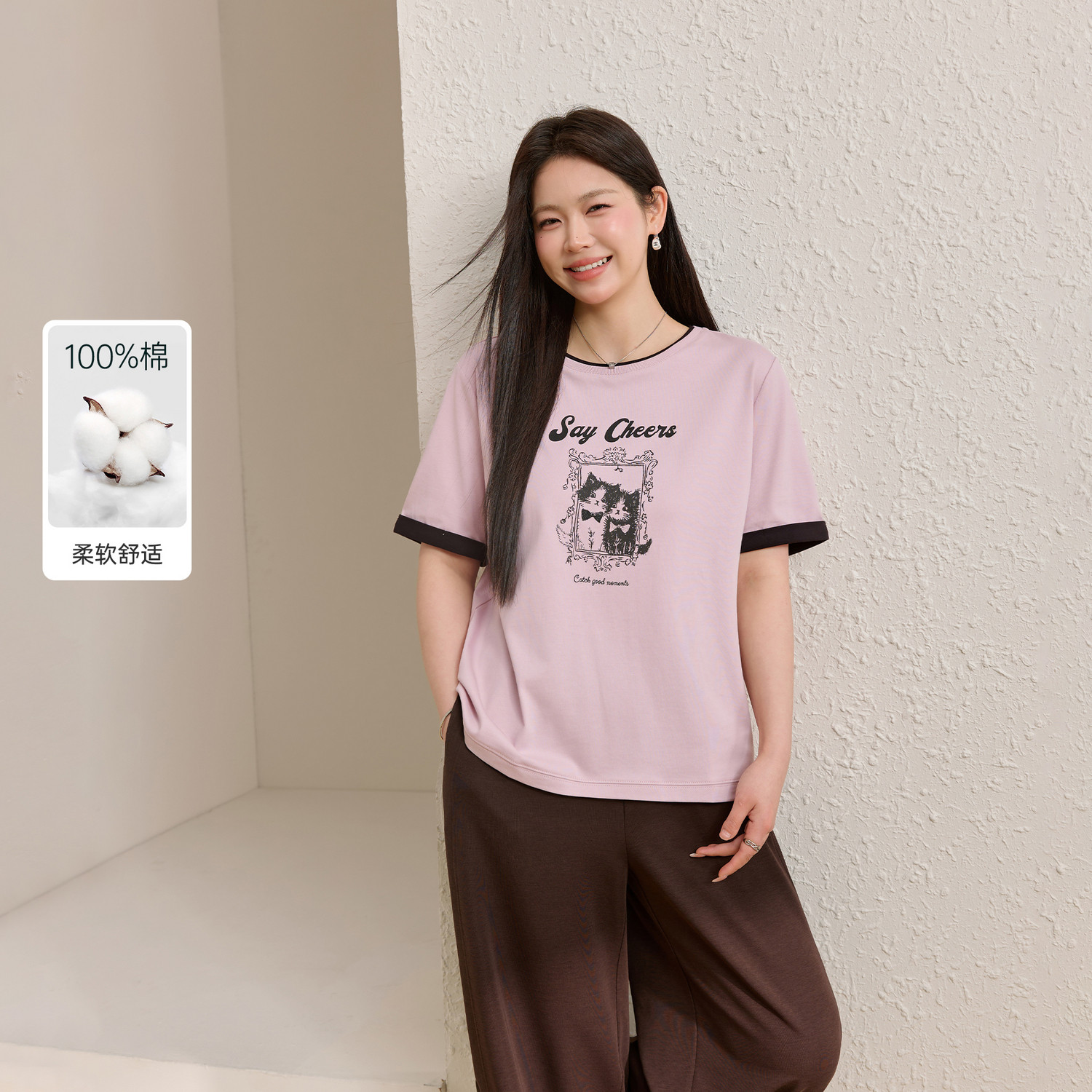 【纯棉百搭T恤】纤莉秀大码女装减龄小猫图案上衣胖mm2026夏新款