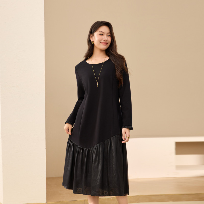 【拼接设计宽松连衣裙】纤莉秀大码女装优雅知性裙子胖mm冬装新款
