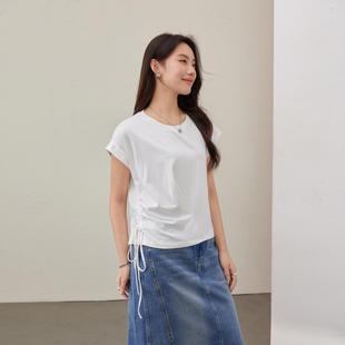 女裝 纖莉秀大碼 胖mm夏裝 設(shè)計感腰側(cè)系帶氣質(zhì)圓領(lǐng)顯瘦T恤 新款