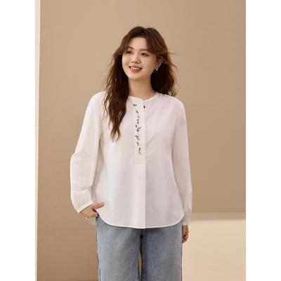 【莱赛尔文艺风衬衫】纤莉秀大码女装别致绣珠片上衣胖mm秋装新款