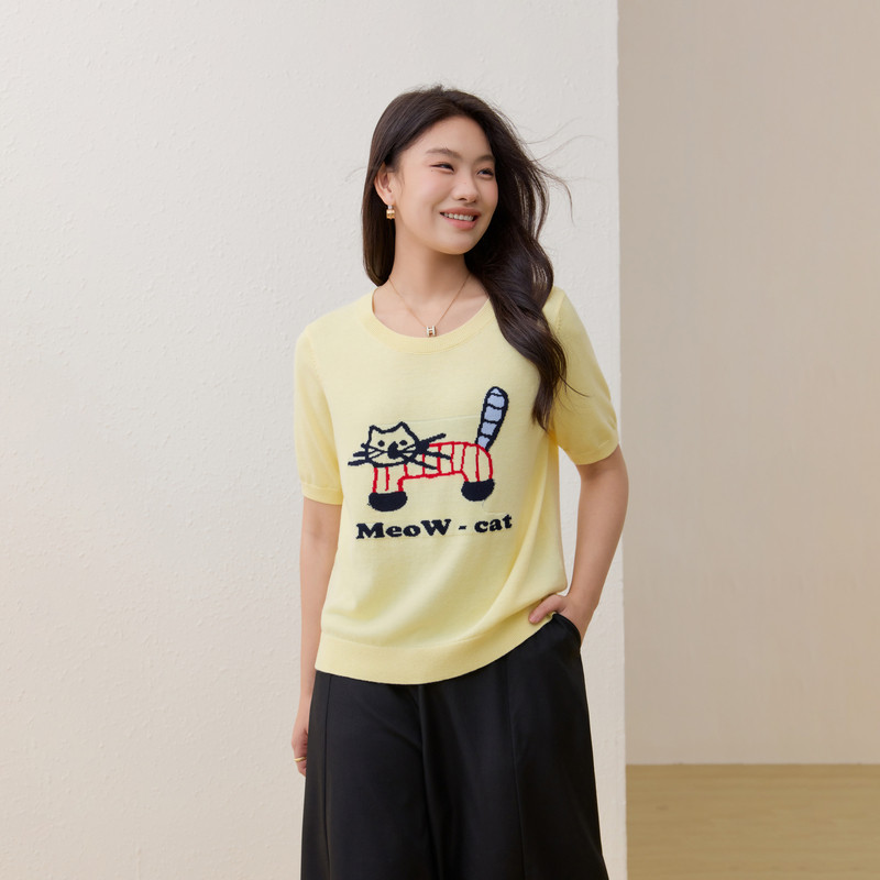 【可爱小猫图案针织衫】纤莉秀大码女装慵懒百搭上衣胖mm春装新款