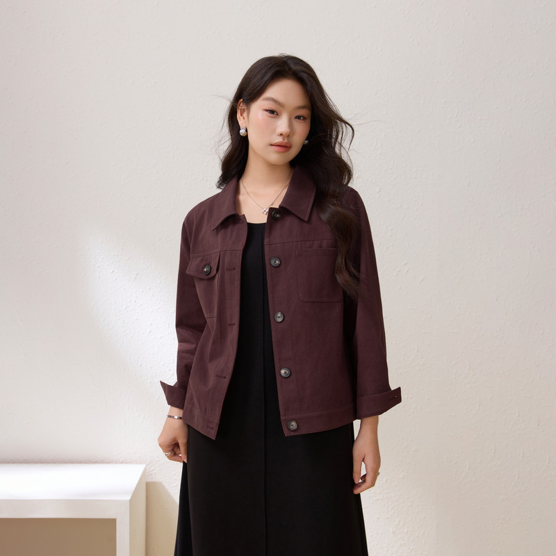 【纯棉短款外套】纤莉秀大码女装时髦翻领百搭开衫胖mm2026春新款