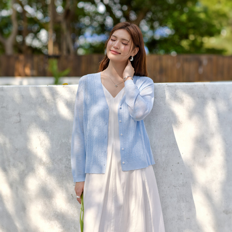 【薄款针织衫】纤莉秀大码女装温柔V领百搭开衫胖mm2026夏装新款