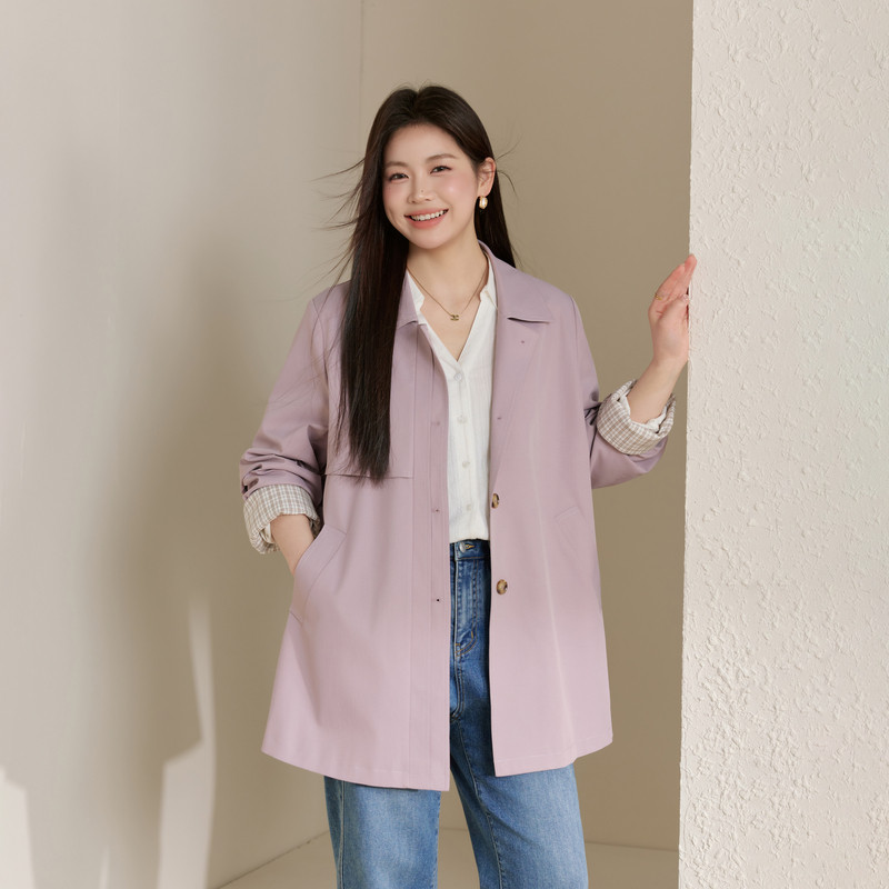 【极简风百搭风衣】纤莉秀大码女装翻折袖口开衫胖mm2026春装新款