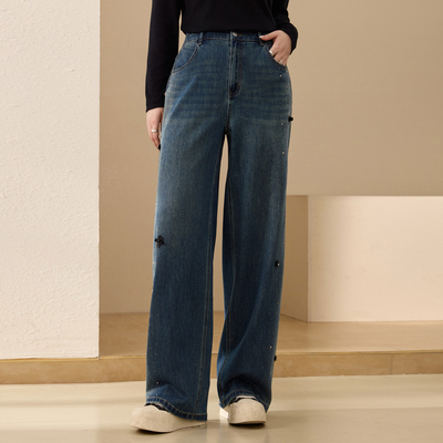 【阔腿显瘦牛仔裤】纤莉秀大码女装百搭设计感烫钻裤子胖mm秋新款