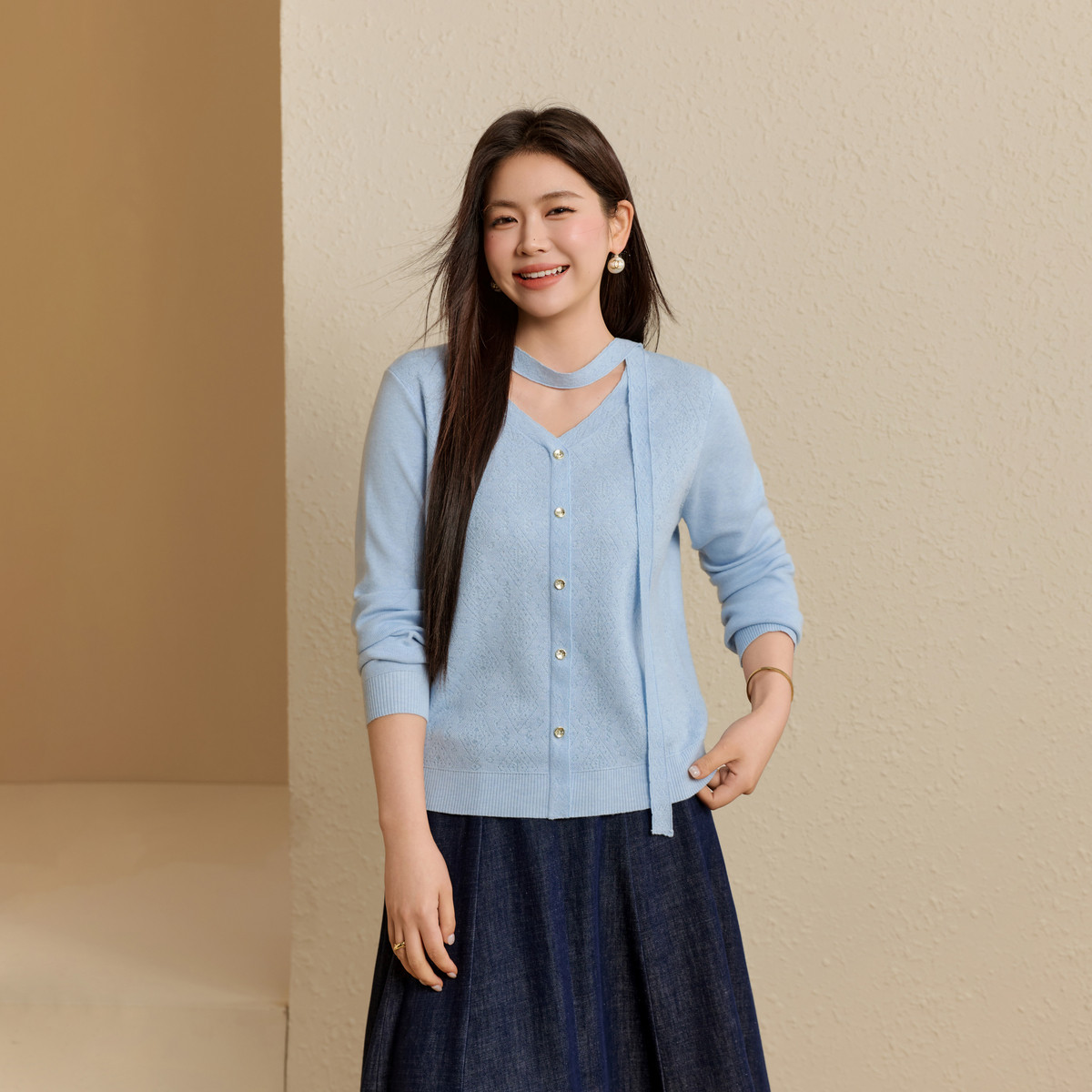 【韩系chic温柔上衣】纤莉秀大码女装系带领针织衫胖mm2026秋新款