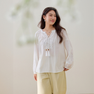 胖mm夏装 新款 女装 莱赛尔亚麻上衣纤莉秀大码 民族风灯笼袖 衬衫