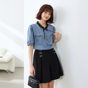 纤莉秀大码女装复古盘扣设计感休闲通勤小众牛仔衬衫2024夏装新款
