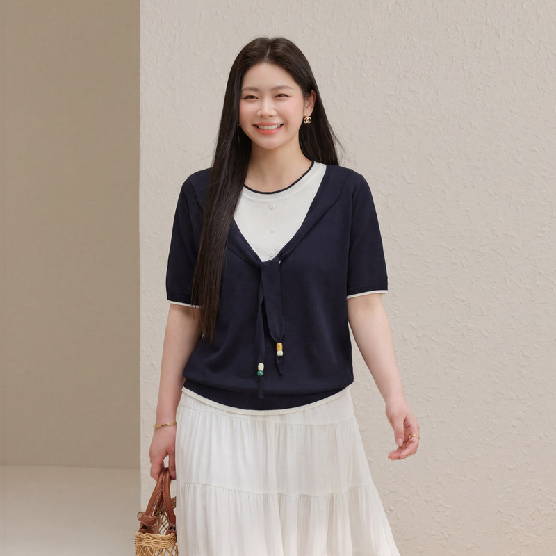 【山茶雾雨】韩系披肩假两件针织衫纤莉秀大码女装胖mm2026夏新款