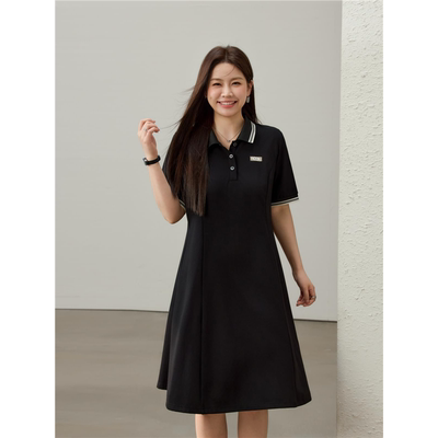 【学院风减龄翻领显瘦黑色连衣裙】纤莉秀大码女装胖mm2025夏新款