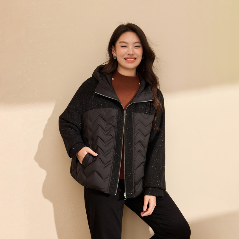 【亮片针织拼接羽绒服】90鸭绒保暖外套纤莉秀大码女装胖mm冬新款