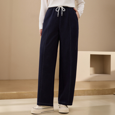 【直筒法棍裤】松紧腰牛仔针织裤子纤莉秀大码女装胖mm2025秋新款