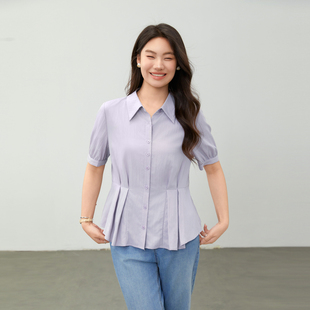 【轻纱云烟】欧若风压褶设计感翻领衬衫纤莉秀大码女装胖mm夏新款