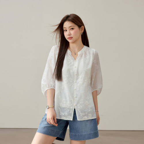 【法式优雅绣花纯棉百搭纯棉衬衫】纤莉秀大码女装胖mm2025夏新款