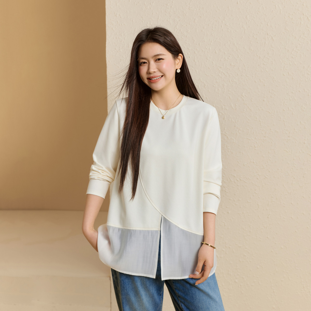 【简逸】垂感宽松圆领长袖针织衫纤莉秀大码女装胖mm2026秋季新款