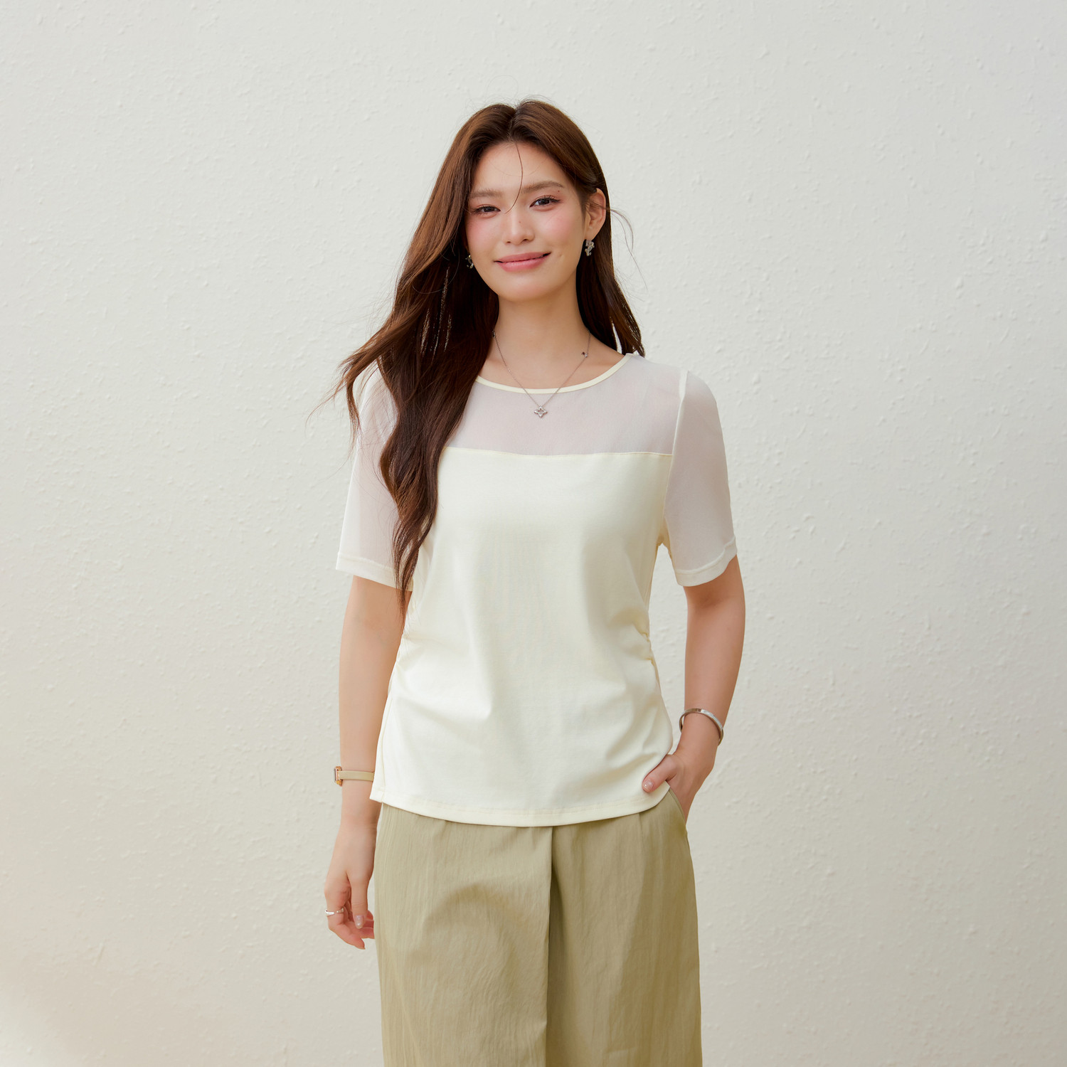 【网纱拼接针织衫】纤莉秀大码女装褶皱百搭上衣胖mm2026夏装新款