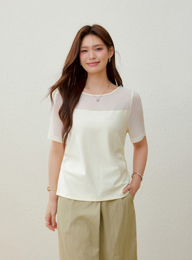 【网纱拼接针织衫】纤莉秀大码女装褶皱百搭上衣胖mm2026夏装新款
