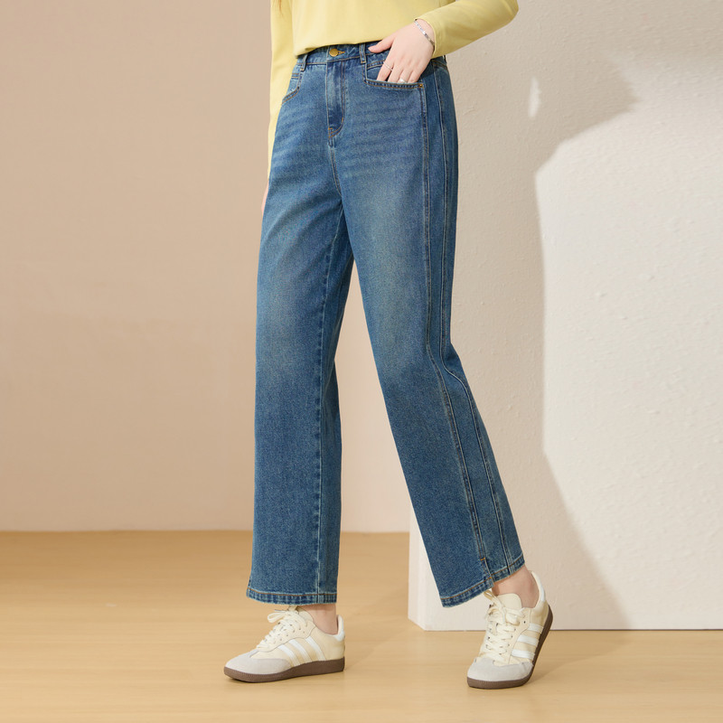 【双线设计显瘦牛仔裤】纤莉秀大码女装九分直筒裤胖mm2026春新款