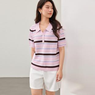 法式 纤莉秀大码 复古条纹翻领显瘦百搭针织衫 新款 女装 胖mm夏装