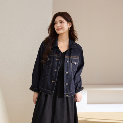 【翻领抓毛牛仔外套】纤莉秀大码女装复古深蓝色开衫胖mm春装新款