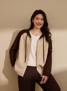 【拼色连帽外套】纤莉秀大码女装双拉链慵懒百搭开衫胖mm冬装新款