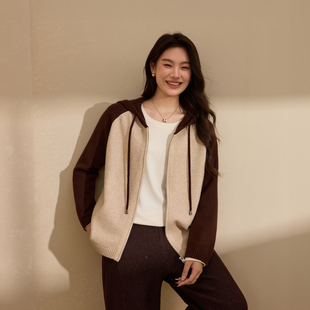 拼色连帽外套 胖mm冬装 纤莉秀大码 双拉链慵懒百搭开衫 新款 女装