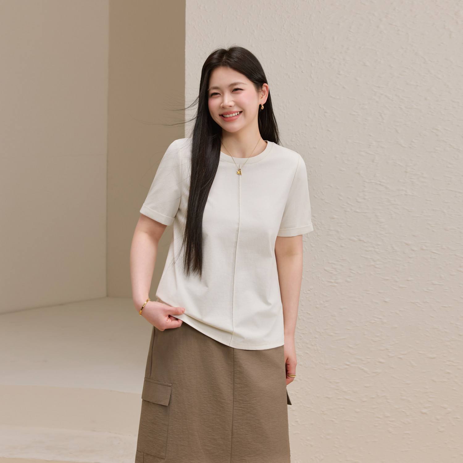 【微笑T】牙签褶设计正肩显瘦T恤纤莉秀大码女装胖mm2026夏装新款