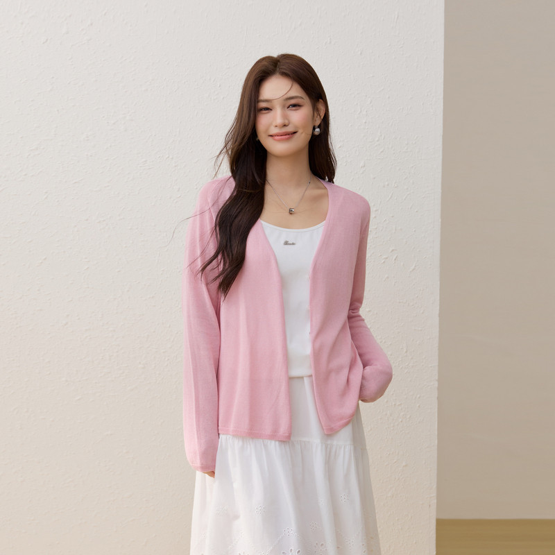 【晨雾】轻薄柔软V领垂感针织开衫纤莉秀大码女装胖mm2026春装款
