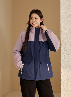 【连帽舒适保暖棉服】纤莉秀大码女装个性拼色外套胖mm2025冬新款