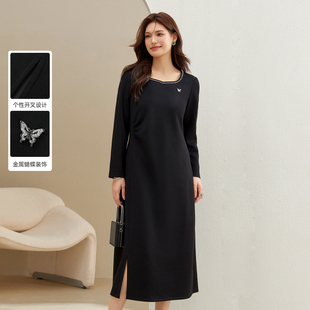 【软糯法式空气层垂感U领连衣裙】纤莉秀大码女装胖mm2024冬新款