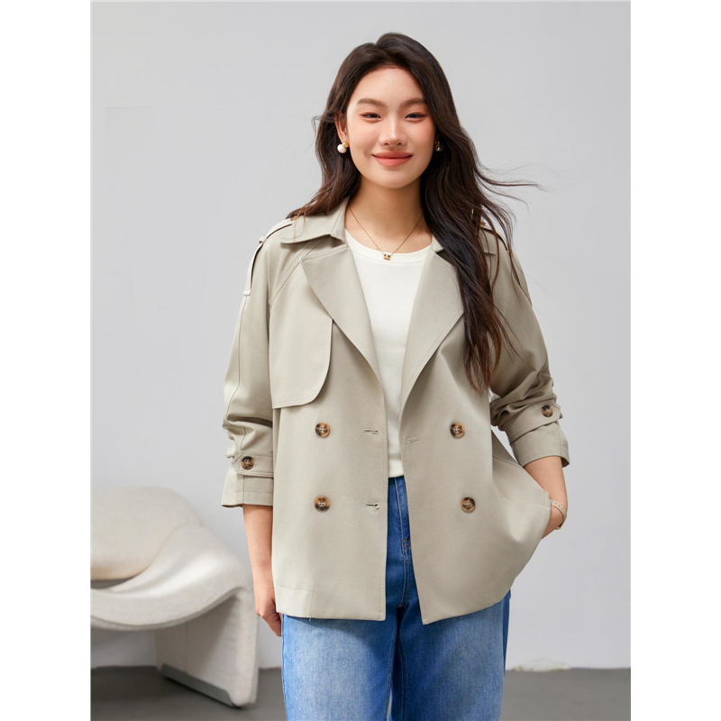 【莱赛尔棉斜纹廓形短款气质风衣】纤莉秀大码女装胖mm2025春新款