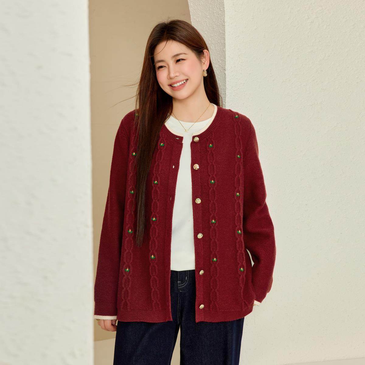 【温柔减龄少女感圆领开衫毛衣】纤莉秀大码女装胖mm2025春装新款,女装/女士精品,大码内搭,淘宝优惠券,粉丝福利购,淘宝优惠卷