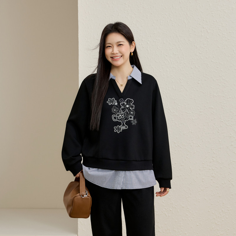 【时髦刺绣翻领卫衣】纤莉秀大码女装设计感拼接上衣胖mm春装新款