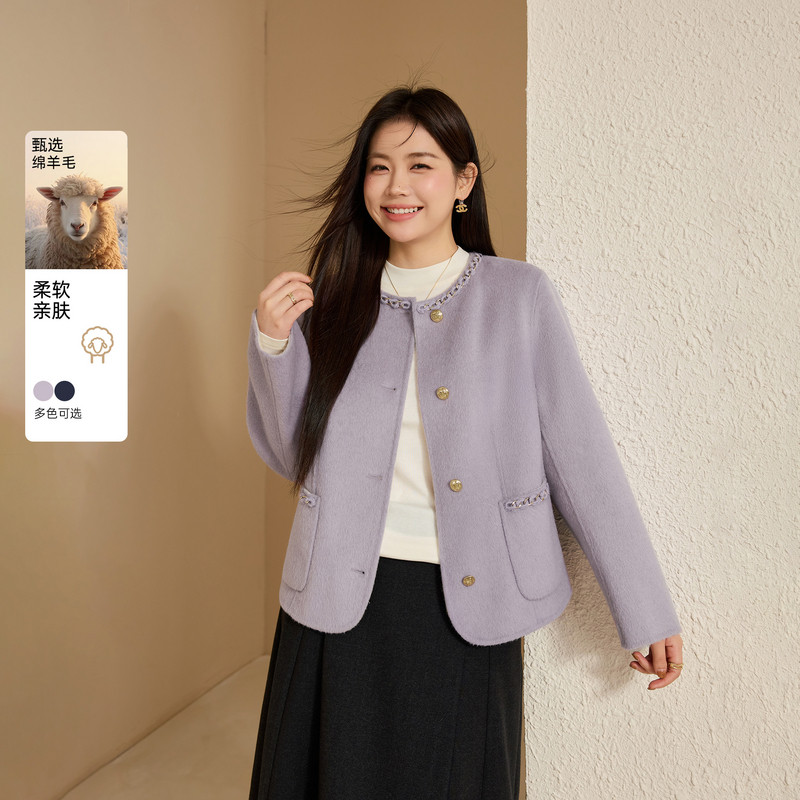 【短款双面毛呢外套】纤莉秀大码女装法式名媛风开衫胖mm冬装新款