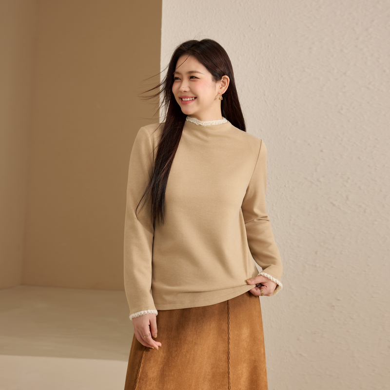 【半高领花边针织衫】纤莉秀大码女装简约拼接上衣胖mm2025冬新款