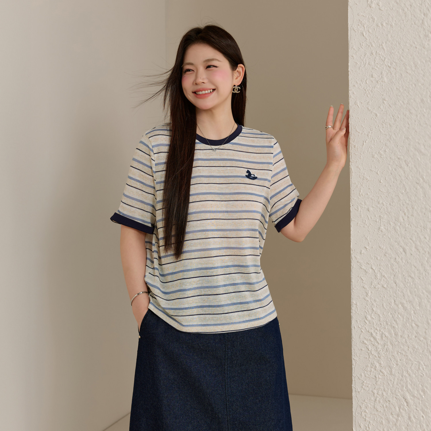 【夏日航线】薄款透气撞色条纹亚麻T恤纤莉秀大码女装胖mm夏新款