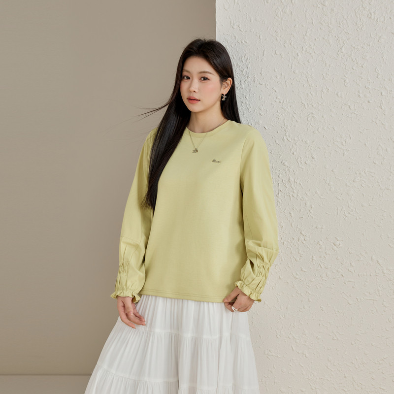 【减龄圆领T恤】纤莉秀大码女装设计感袖子百搭上衣胖mm春装新款