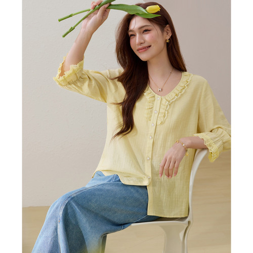 【亚麻混纺】法式娃娃领轻薄衬衫纤莉秀大码女装胖mm2026夏装新款