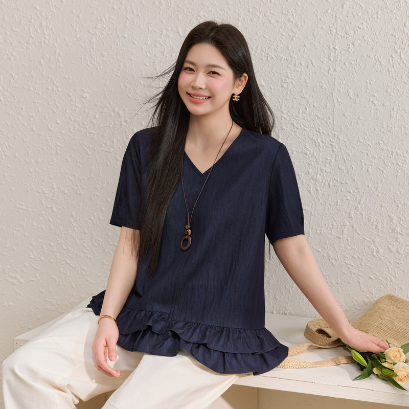 【小荷轻舞】洋气荷叶边V领衬衫纤莉秀大码女装胖mm2026夏装新款