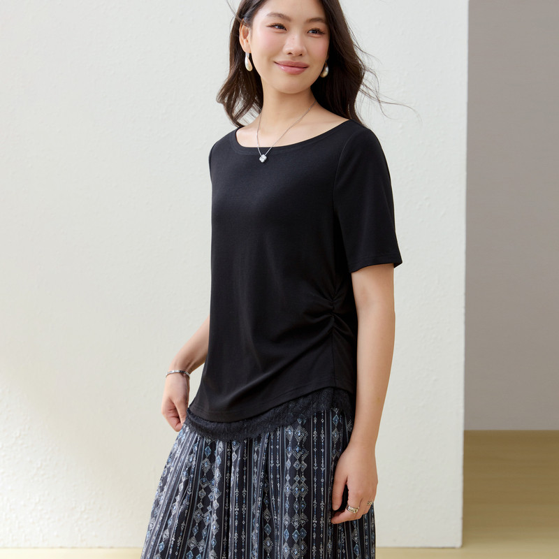 【褶皱设计针织衫】纤莉秀大码女装韩系花边拼接上衣胖mm夏装新款