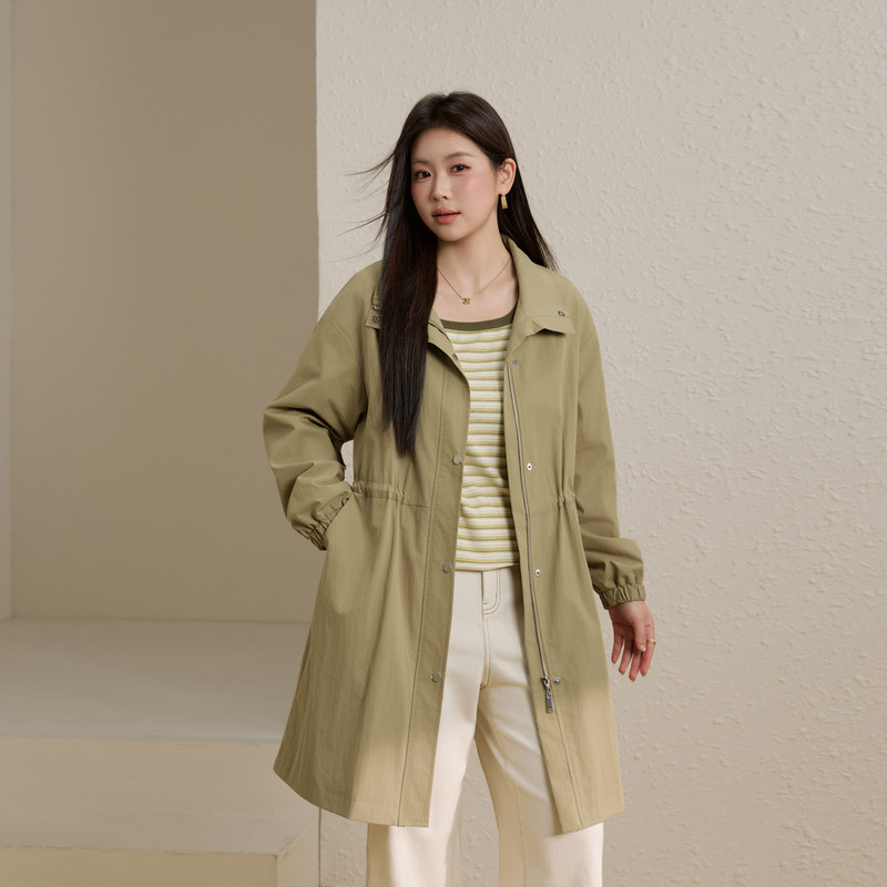 【抽绳收腰立领风衣】纤莉秀大码女装时髦中长款外套胖mm春装新款