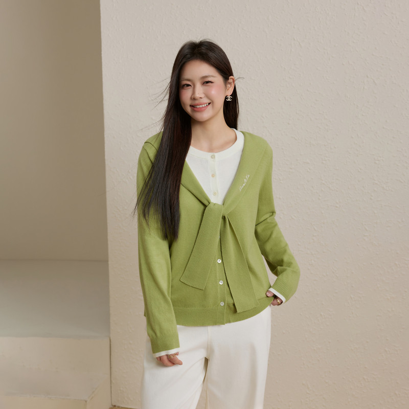 【双重奏】撞色拼接假两件针织衫纤莉秀大码女装胖mm2026春装新款