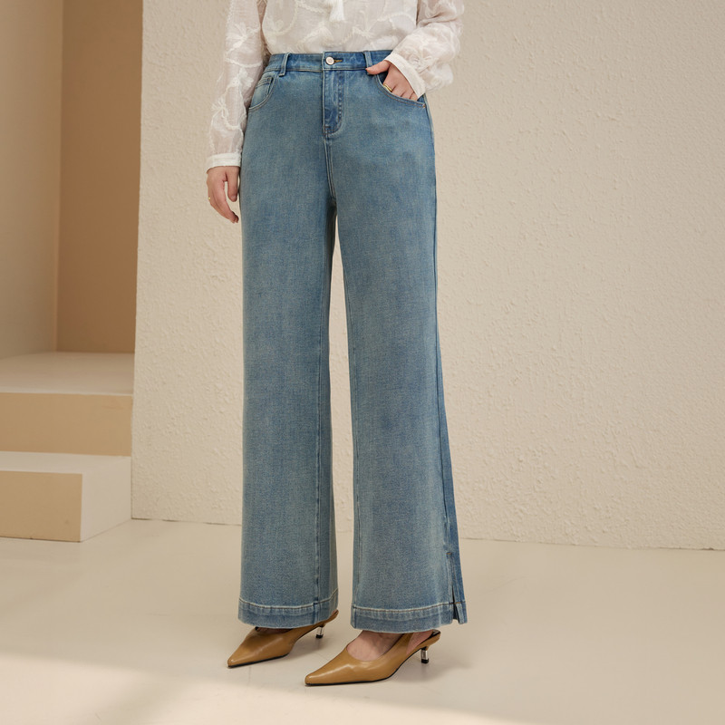【蓝调丹宁】开叉松紧腰微喇牛仔裤纤莉秀大码女装胖mm2025秋新款